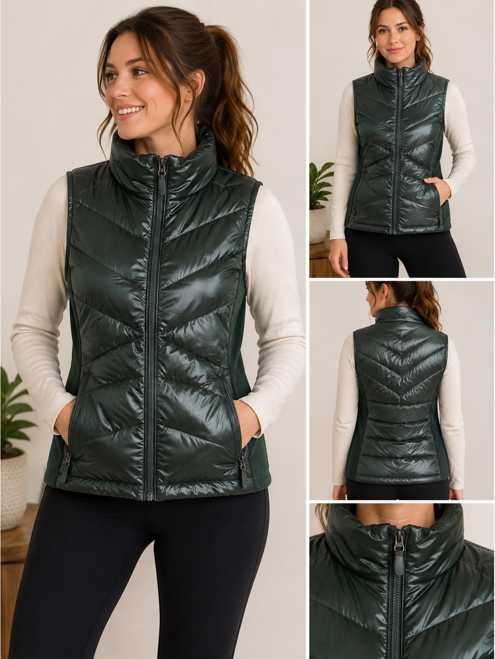 Tek Gear Women’s Small Puffer Vest Dark Green Full Zip Fleece Side Panels
